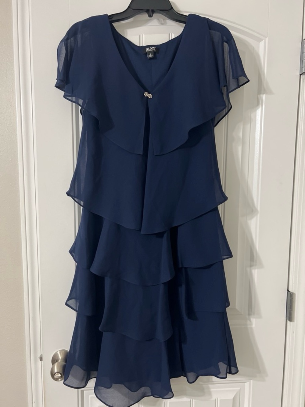 SLNY Navy Tiered Chiffon Midi Dress with Brooch